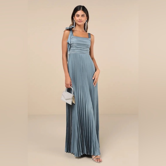 New Lulus Gorgeous Purpose Slate Satin Pleated Sleeveless Bow Maxi Dress Large - Picture 2 of 5